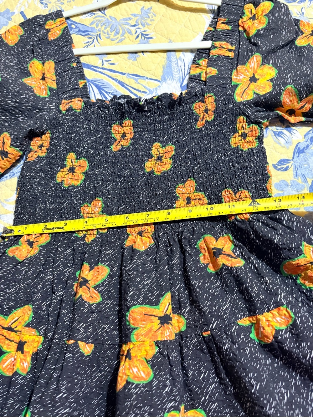 Smocked Black Casual Dress with Yellow Floral Print, sz4 - Picture 6 of 10